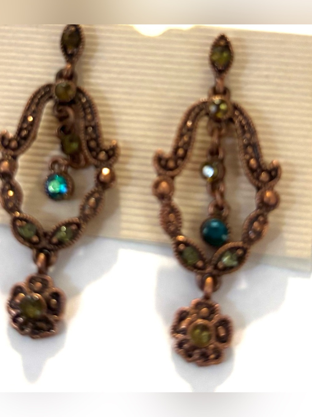 Vintage Green & Teal Crystal Filigree Drop Earrings - Vintage